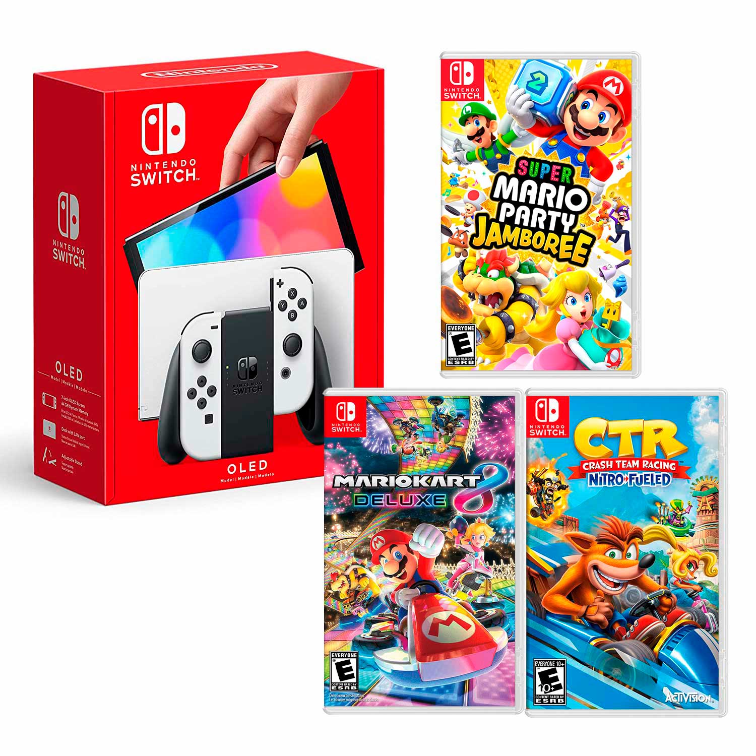 Consola Nintendo Switch Modelo Oled Blanco + Mario Party Jamboree+ Mario Kart 8 + Ctr