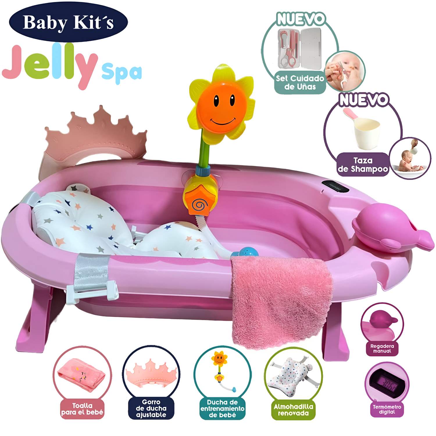 Tina Bañera Plegable JELLY SPA Con Termómetro Rosado