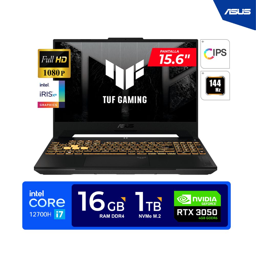 Laptop ASUS TUF 15.6"FHD 144Hz  Core i7-12700H 4.70GHz  16GB DDR4  1TBSSD RTX 3050 4GB GDDR6 FREEDOS