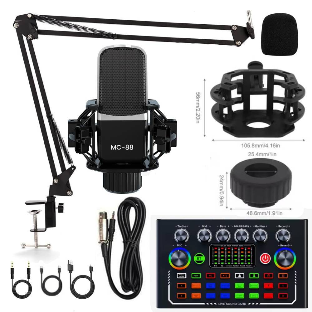 Kit Microfono Condensador Studio Pc Modelo MC-88 Tarjeta de Sonido
