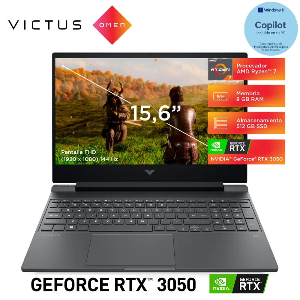 Laptop HP 15-fb0126la R7 5800H 8gb 512gb 4G Video RTX 3050 15.6 FHD 144Hz Window 11