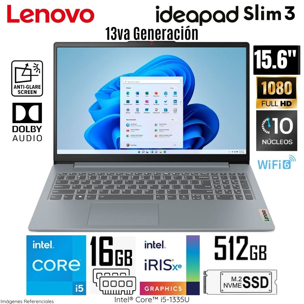 Laptop Lenovo Ideapad Slim 3 15IRU8 Intel Core i5-1335U 16GB RAM 512GB SSD 15.6" FHD - 82X7009JLM