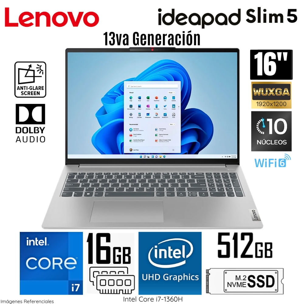 Laptop Lenovo IdeaPad Slim 5 16IRL8 Intel Core i7 13620H 16GB RAM 512GB SSD 16" WUXGA - 82XF0073LM