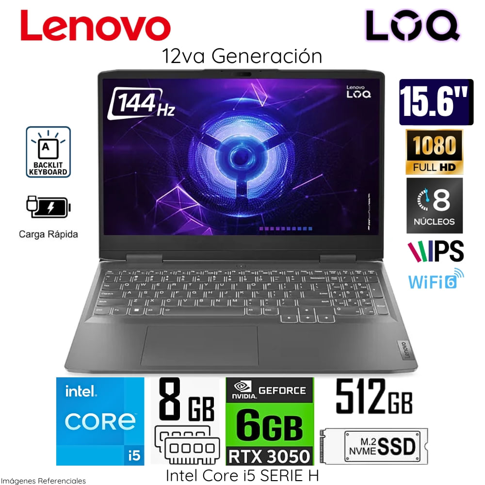 Laptop Gamer Lenovo LOQ 15IRH8 Intel Core i5 12450H 8GB RAM 512GB SSD RTX3050 15.6" FHD 82XV00T8LM