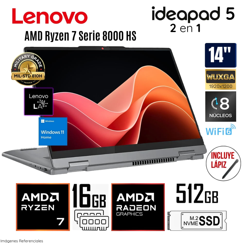 Laptop Lenovo Ideapad 5 2 en 1 AMD Ryzen 7-8845HS 16GB LPDDR5 RAM 512GB SSD 14" WUXGA 83DR005ULM