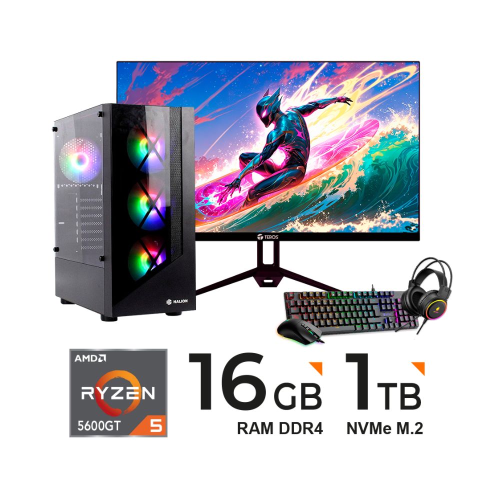 Computadora PC RYZEN 5 5600GT 4.60GHz 16GB DDR4  1TB SSD  MONITOR 23.8" FHD KIT 4EN1 TECLADO MOUSE