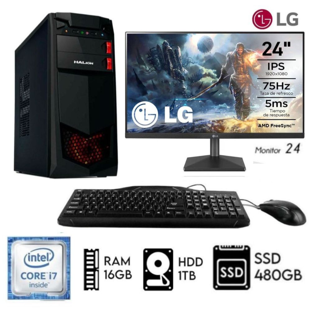 Computadora PC Intel Core i7 3.4 Ghz RAM 16GB  DISCO 1TB+SSD 480GB Monitor 24 LG