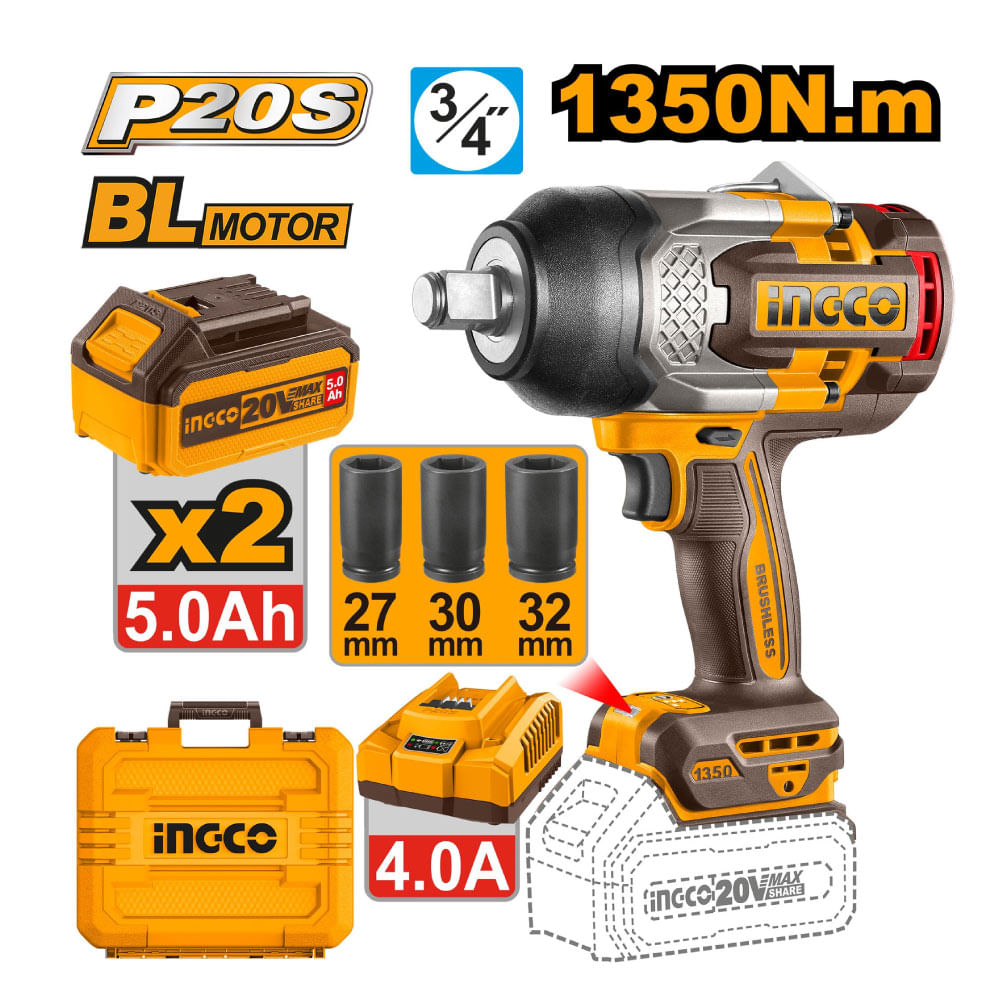 Llave de Impacto Brushless Ingco 20V 1350NM 3/4" + 2 Baterías 5.0AH + Cargador 4.0AH CIWLI20135