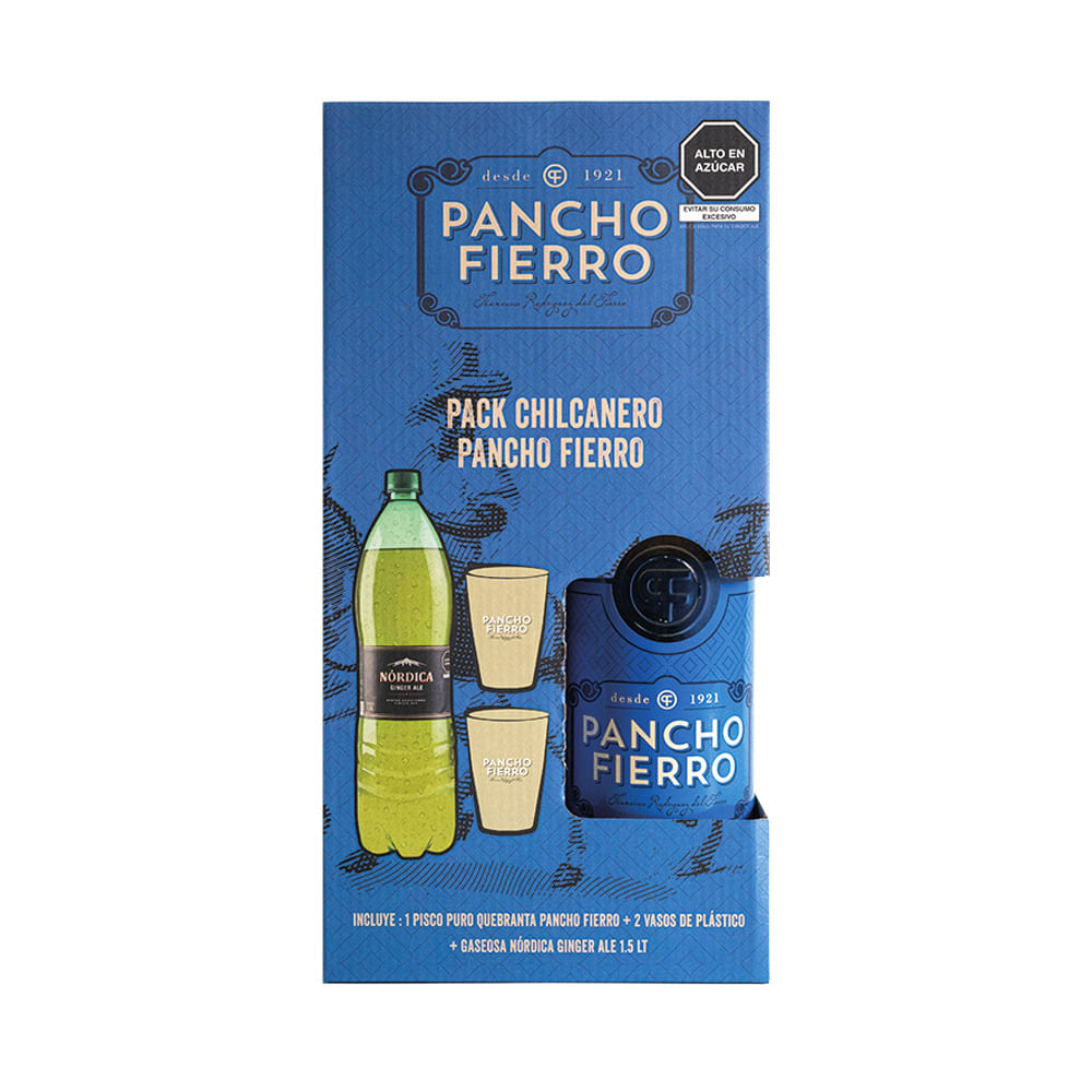 Pack Chilcanero PANCHO FIERRO Pisco Puro Quebranta + 2 Vasos de Plástico + Gaseosa Nórdica Ginger Ale Paquete 4un