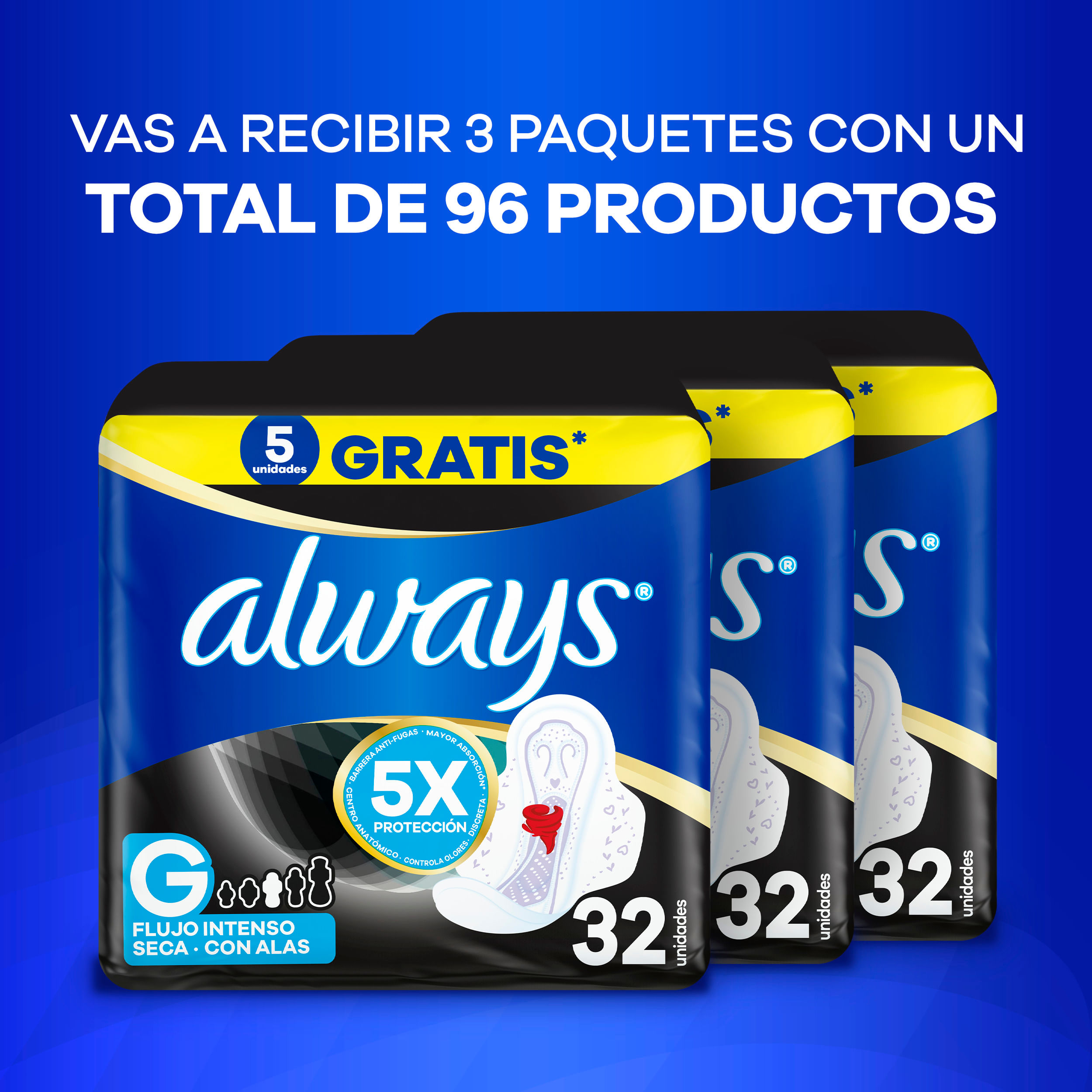 Pack Toalla Higiénica ALWAYS Cubierta Seca Nocturna Paquete 32un x 3un