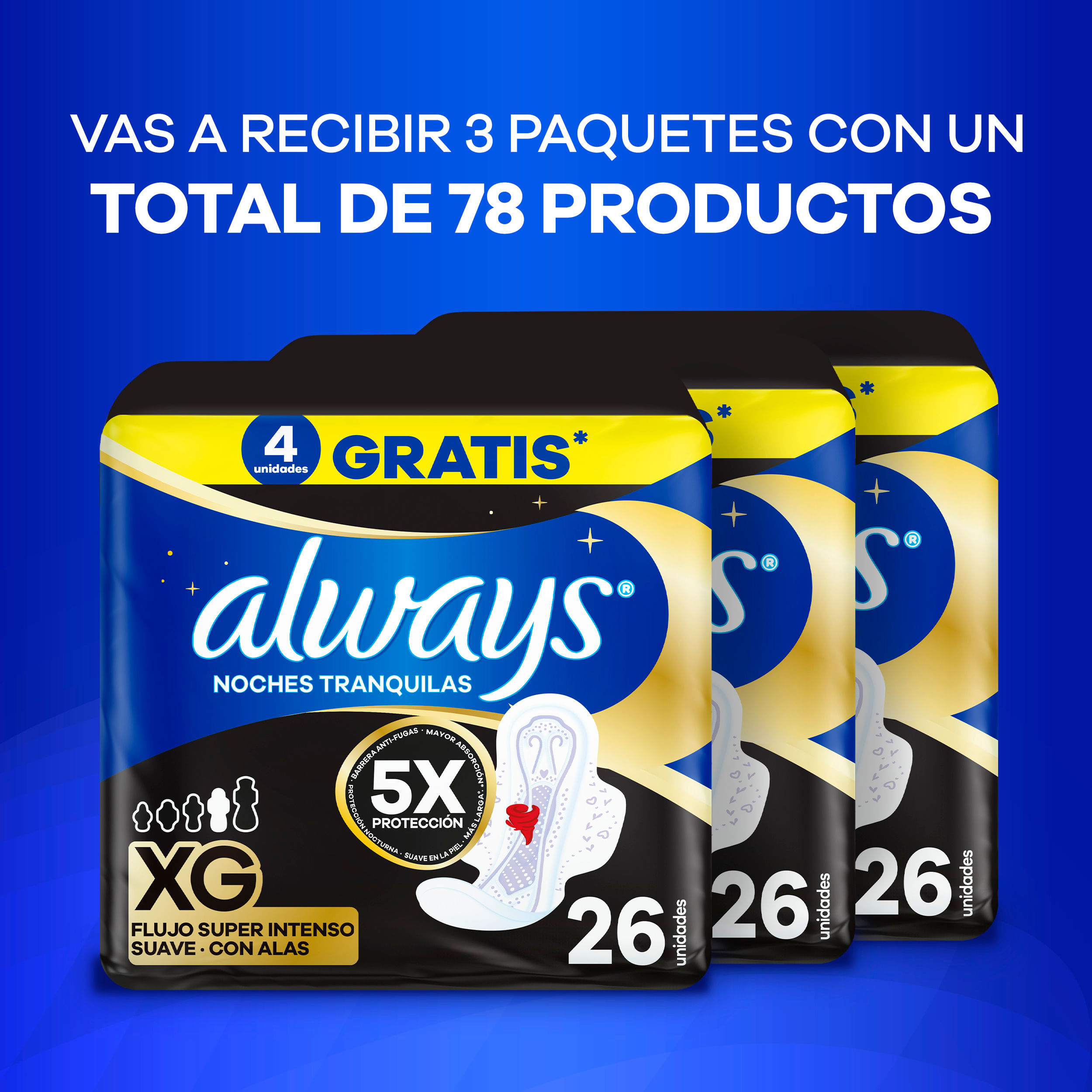 Pack Toallas Higiénicas ALWAYS Noches Tranquilas Suave Talla XG Paquete 26un x 3un