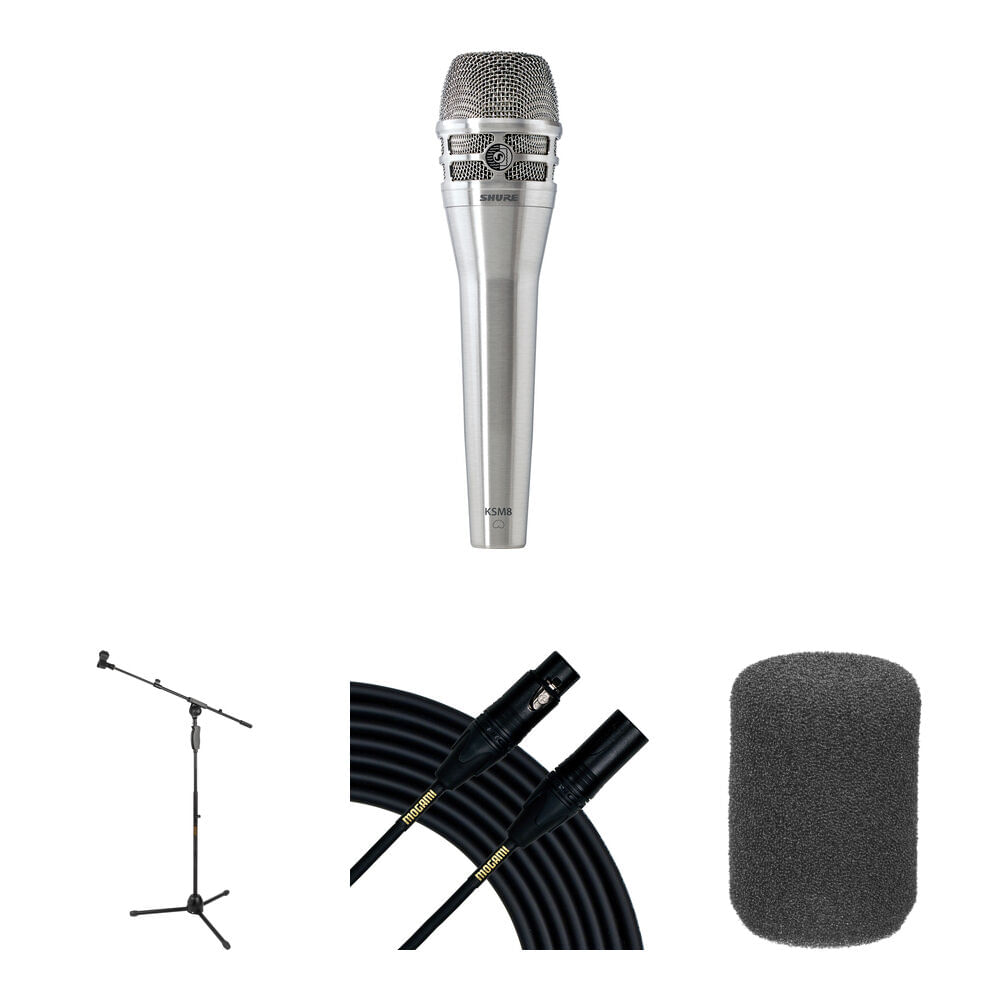 Shure KSM8 Dualdyne Mic Dinámico de Mano para Escenario en Vivo (Níquel) - Kit Completo con Soporte