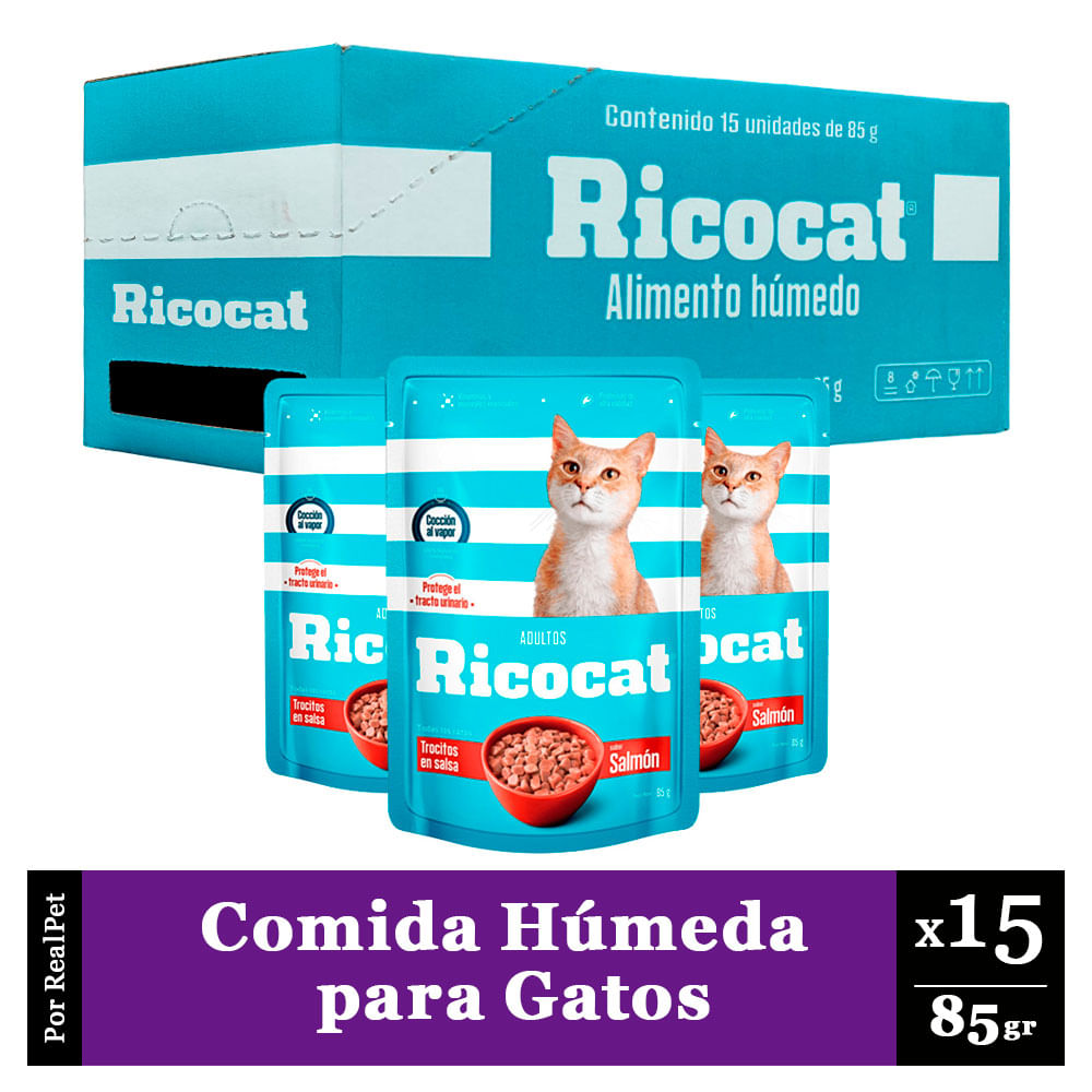 Pack Caja x15 Comida Húmeda para Gato Ricocat Salmón 85gr