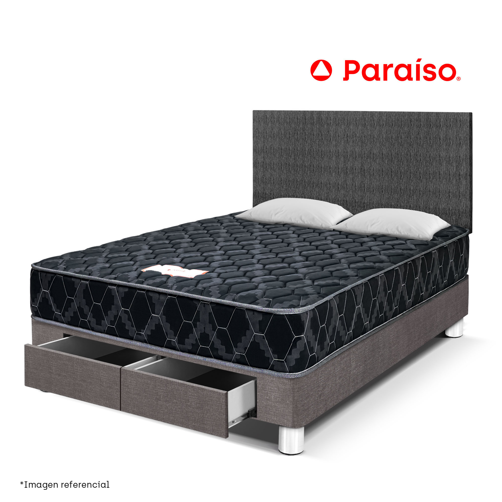 Dormitorio PARAISO Consul Black con Cajones 2 Plazas + Almohadas + Protector