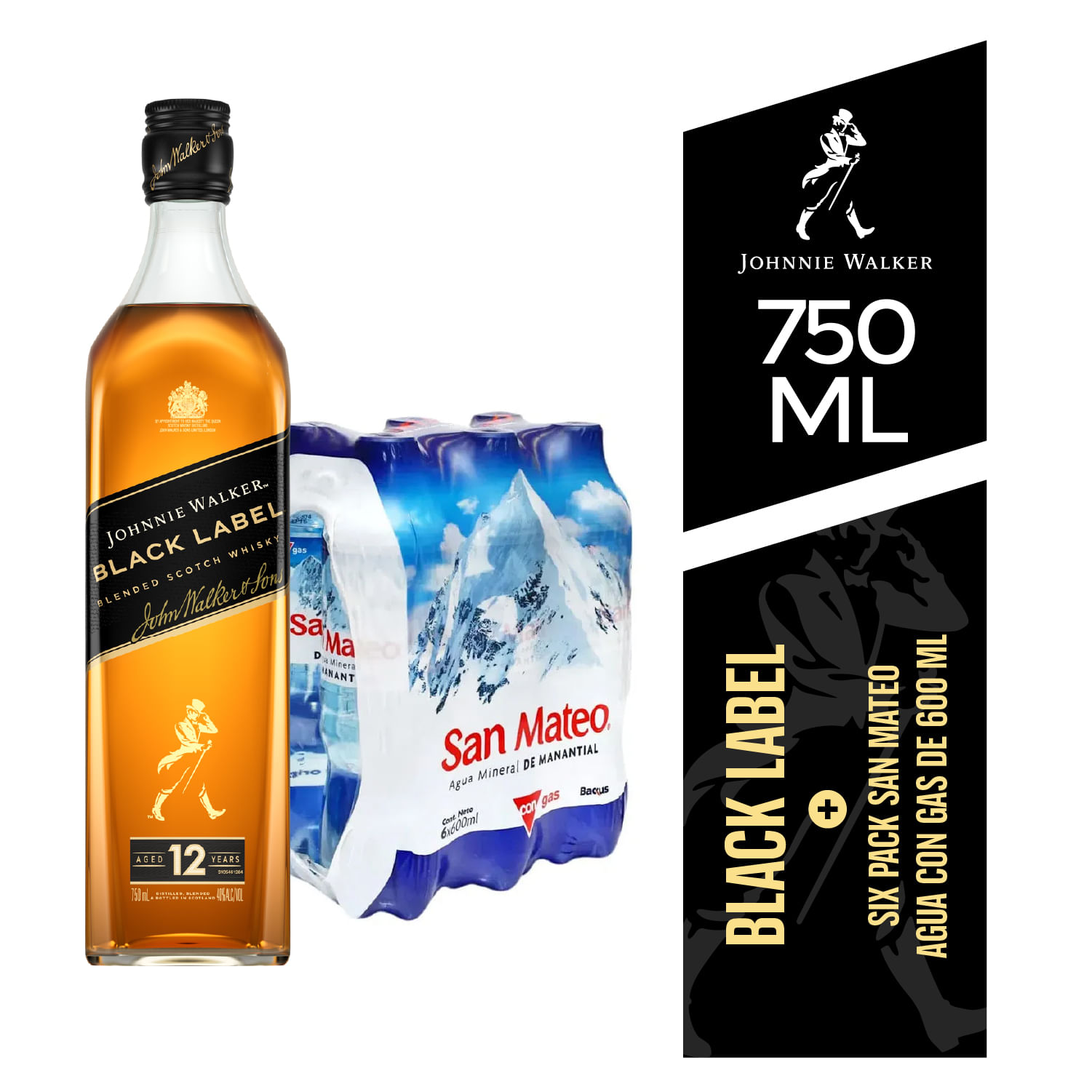 Pack Whisky JOHNNIE WALKER Black Label Botella 750ml + Agua Mineral SAN MATEO Con Gas Botella 600ml Paquete 6un