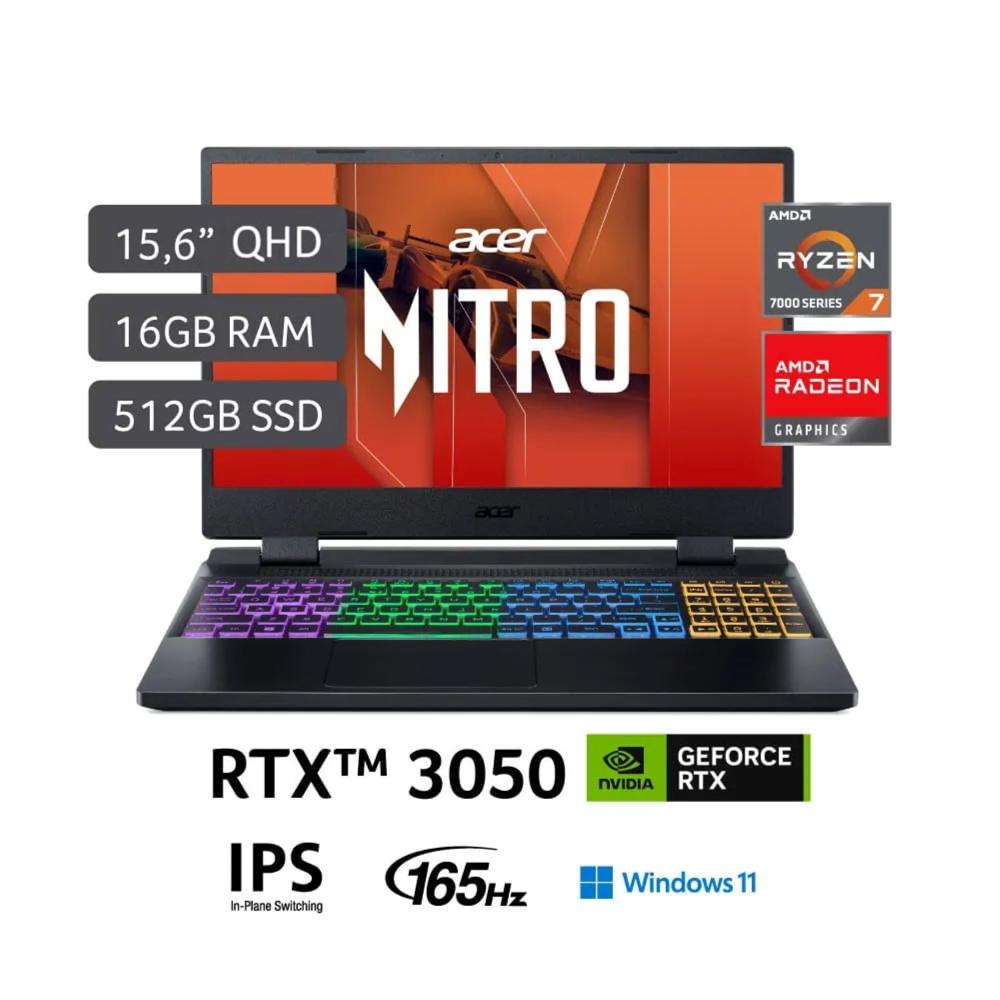 Laptop Acer 5 AN515-47-R9XF R7 7735HS 16gb 512gb 4gb RTX 3050 15.6 QHD Windows 11 negro