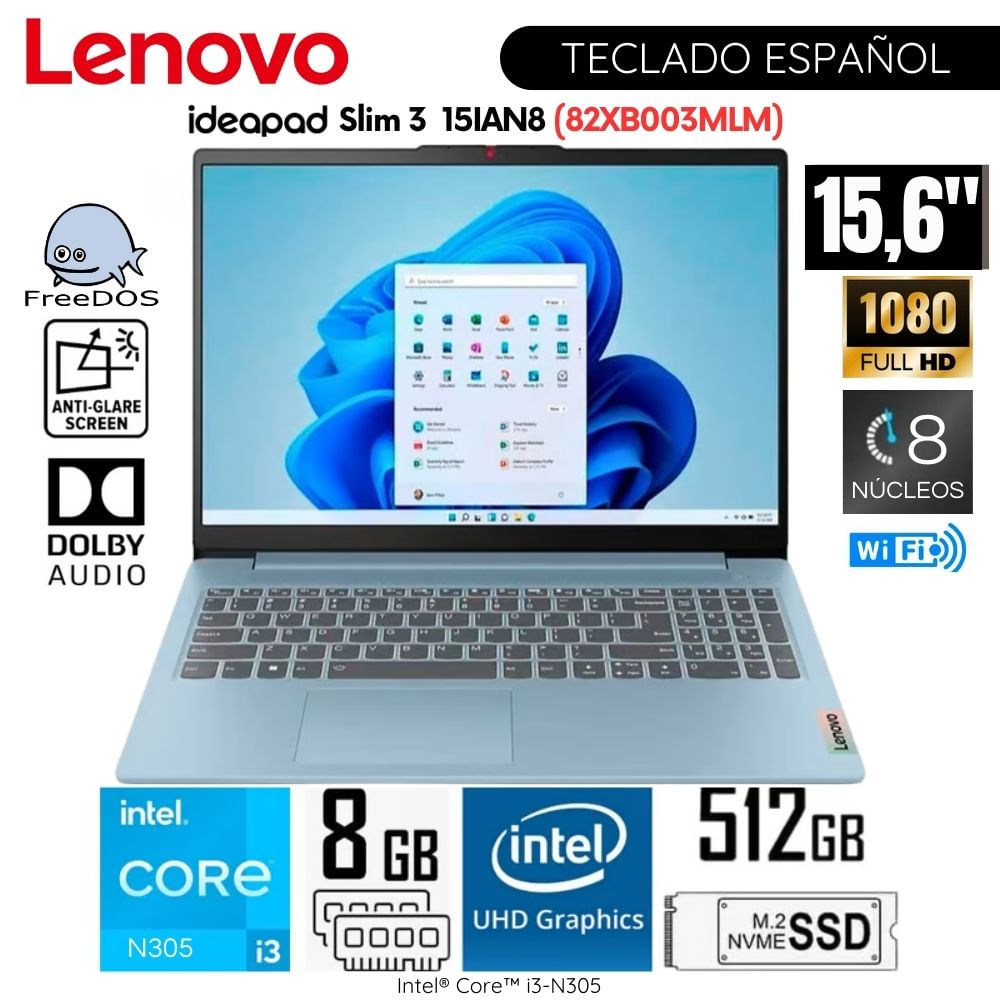 Laptop Lenovo IdeaPad Slim 3 15IAN8 Intel Core i3-N305 8GB RAM 512GB SSD 15.6 FHD - 82XB003MLM
