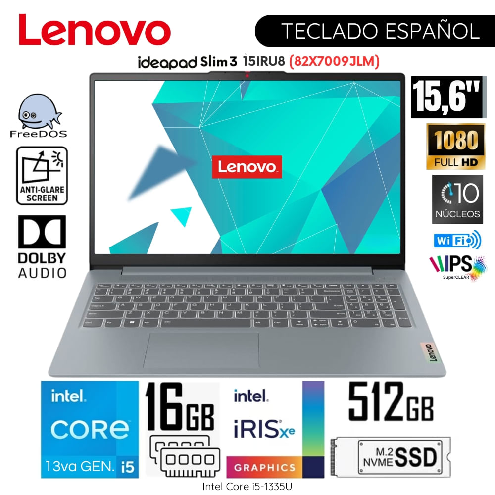 Laptop Lenovo Ideapad Slim 3 15IRU8 Intel Core i5-1335U 16GB RAM 512GB SSD 15.6" FHD - 82X7009JLM