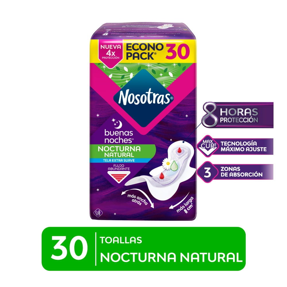 Toallas Higiénicas NOSOTRAS Buenas Noches Nocturna Natural Paquete 30un