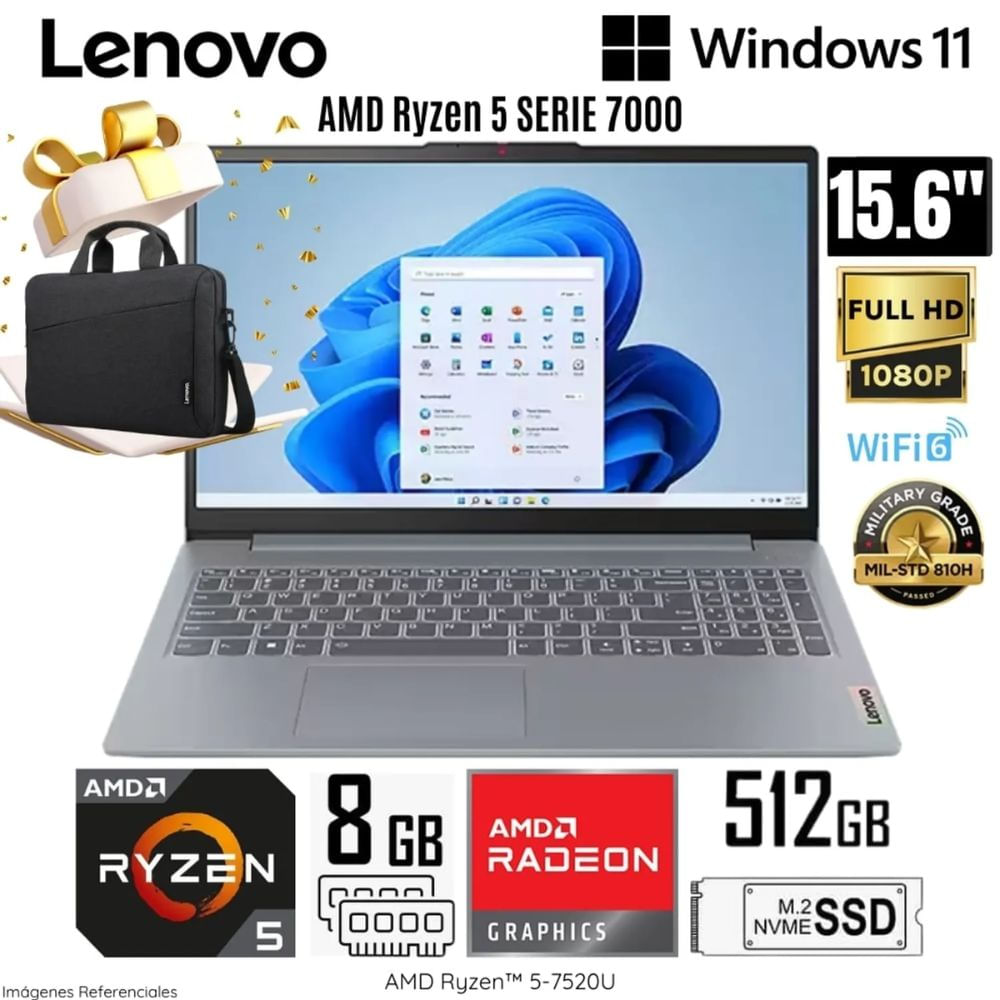 Laptop Lenovo Ideapad Slim 3 AMD Ryzen 5-7520U 8GB RAM 512GB SSD 15.6" FHD 82XQ00LTLM + Maletín