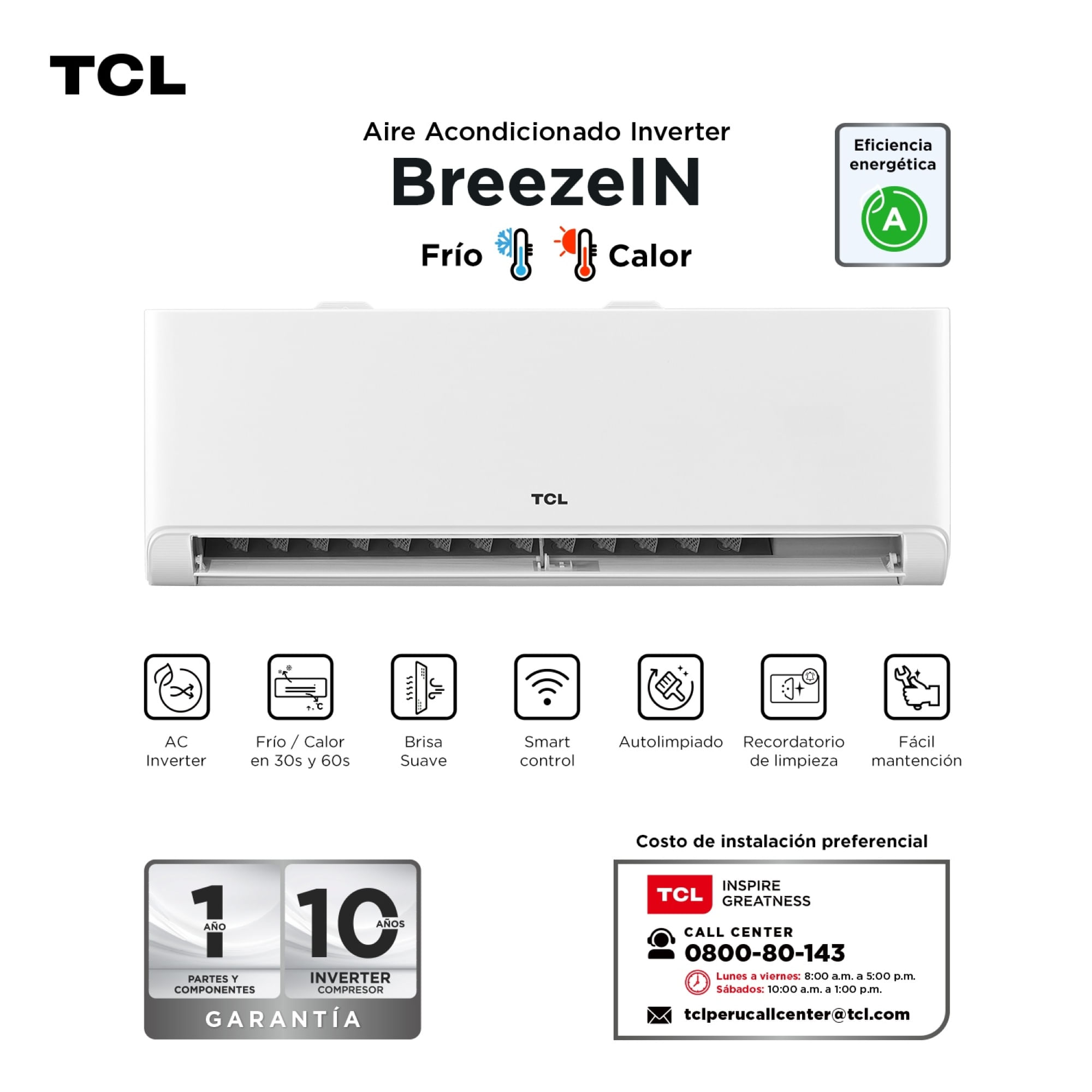 Aire Acondicionado TCL 24000 BTU BreezeIN Split Inverter Frio Calor Con Wifi TAC-24CHSAI/TPH11