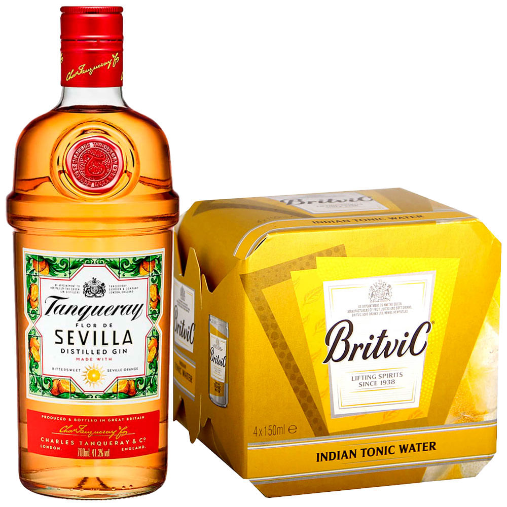 Pack Gin TANQUERAY Sevilla Botella 700ml + Agua Tónica BRITVIC Paquete 4un Lata 150ml