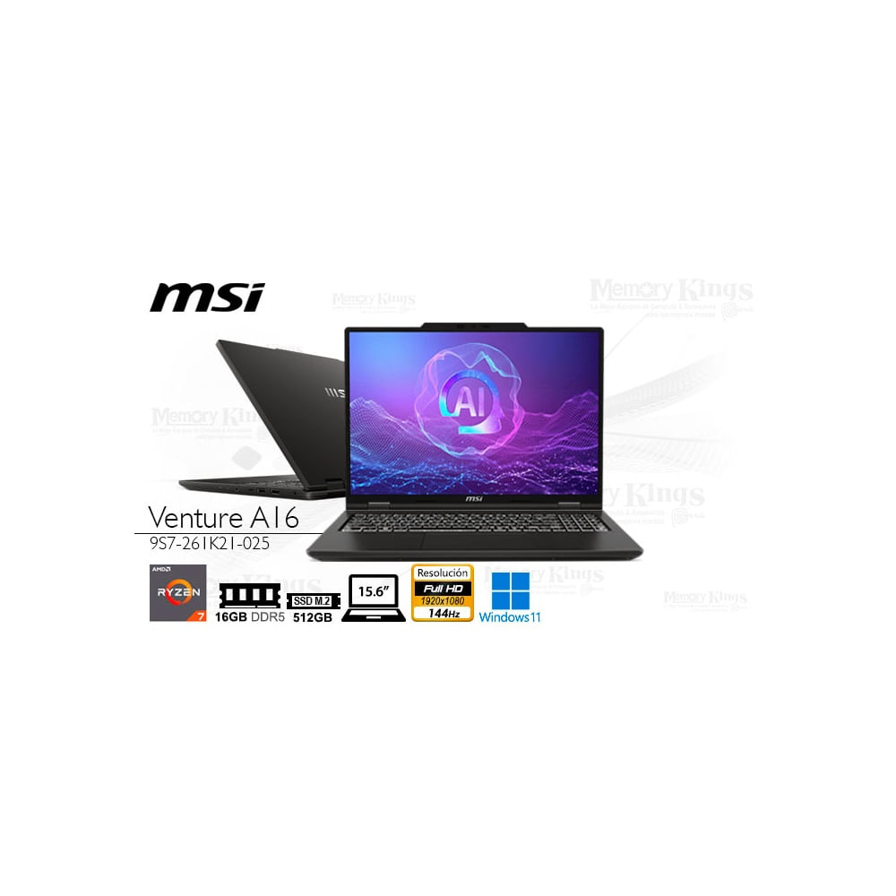 Laptop Msi Venture A16 Ai+, Ryzen 7 3500U, 16Gb Ram, 512Gb Ssd, 15.6" Pantalla, Gráficos Amd Radeon
