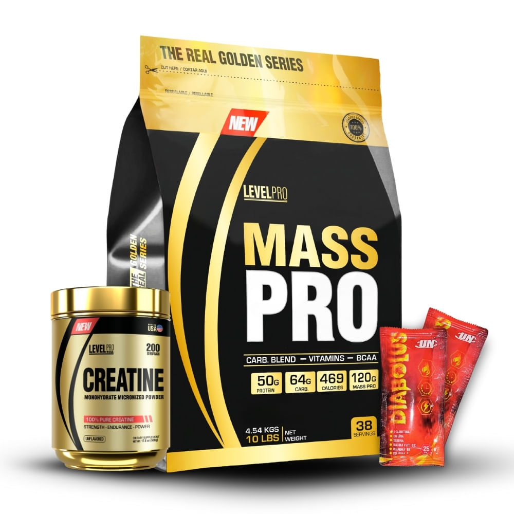 Mass Pro 10Lbs Rich Chocolate+Creatina Level Pro 500Gr+2 Diabolus