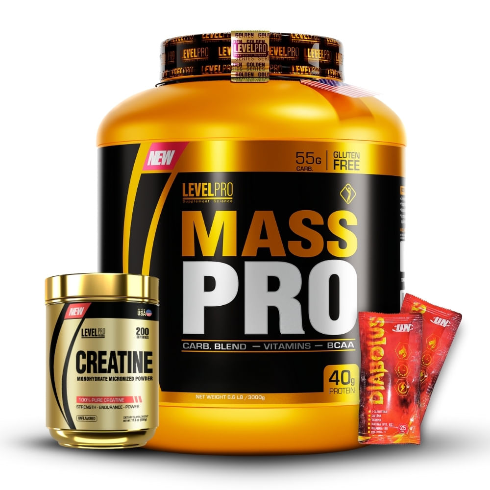 Mass Pro 6.6Lbs Vanilla Creme+Creatina Level Pro 500Gr+2 Diabolus