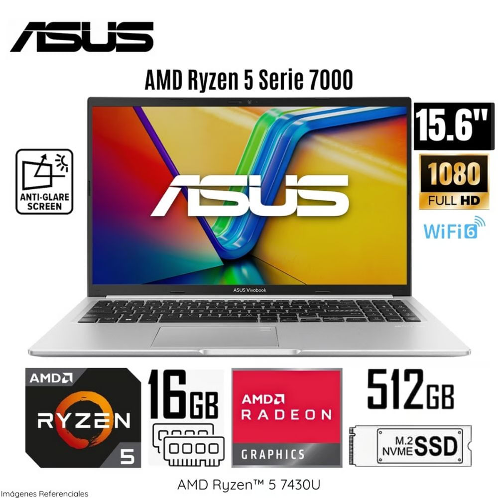 Laptop Asus Vivobook M1502YA-NJ544 AMD Ryzen 5-7430U 16GB RAM 512GB SSD 15.6" FHD - Silver