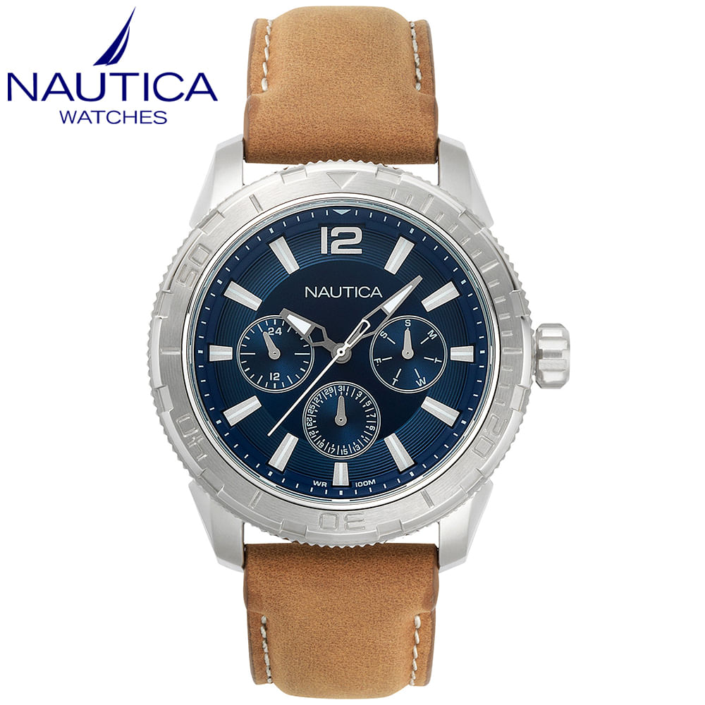 Reloj Nautica Seattle NAPSTL001 Acero Inoxidable Correa De Cuero Beige Plateado Azul