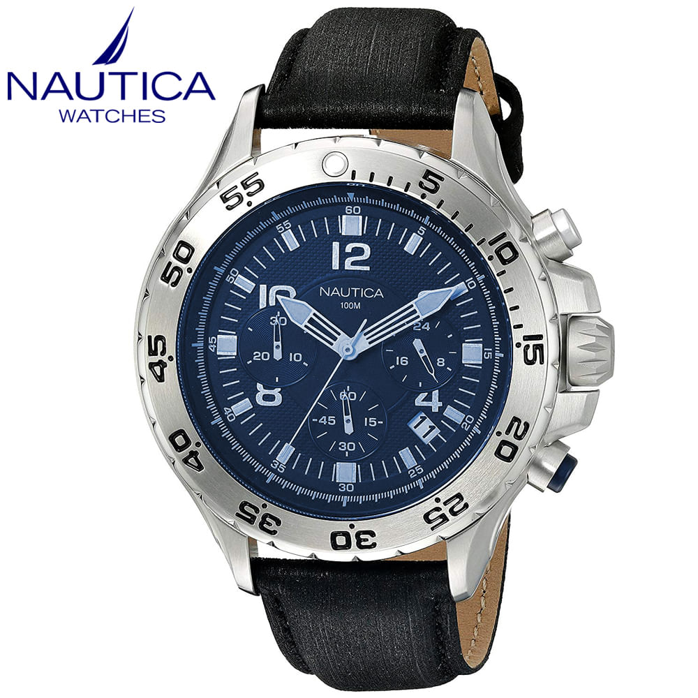 Reloj Nautica NST NAD19536G Cronometro Acero Inoxidable Correa de Cuero Negro Azul