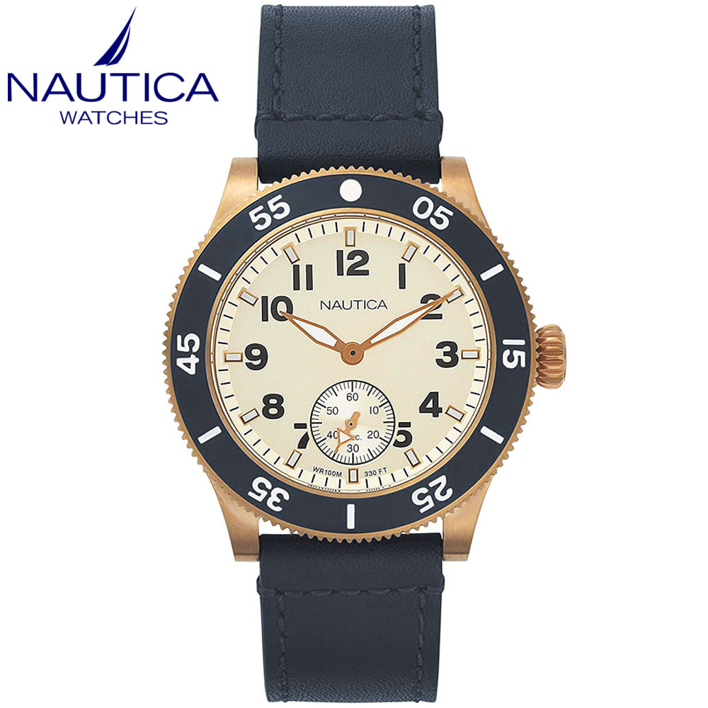 Reloj Nautica Houston NAPHST003 Acero Inoxidable Correa De Cuero Azul Dorado