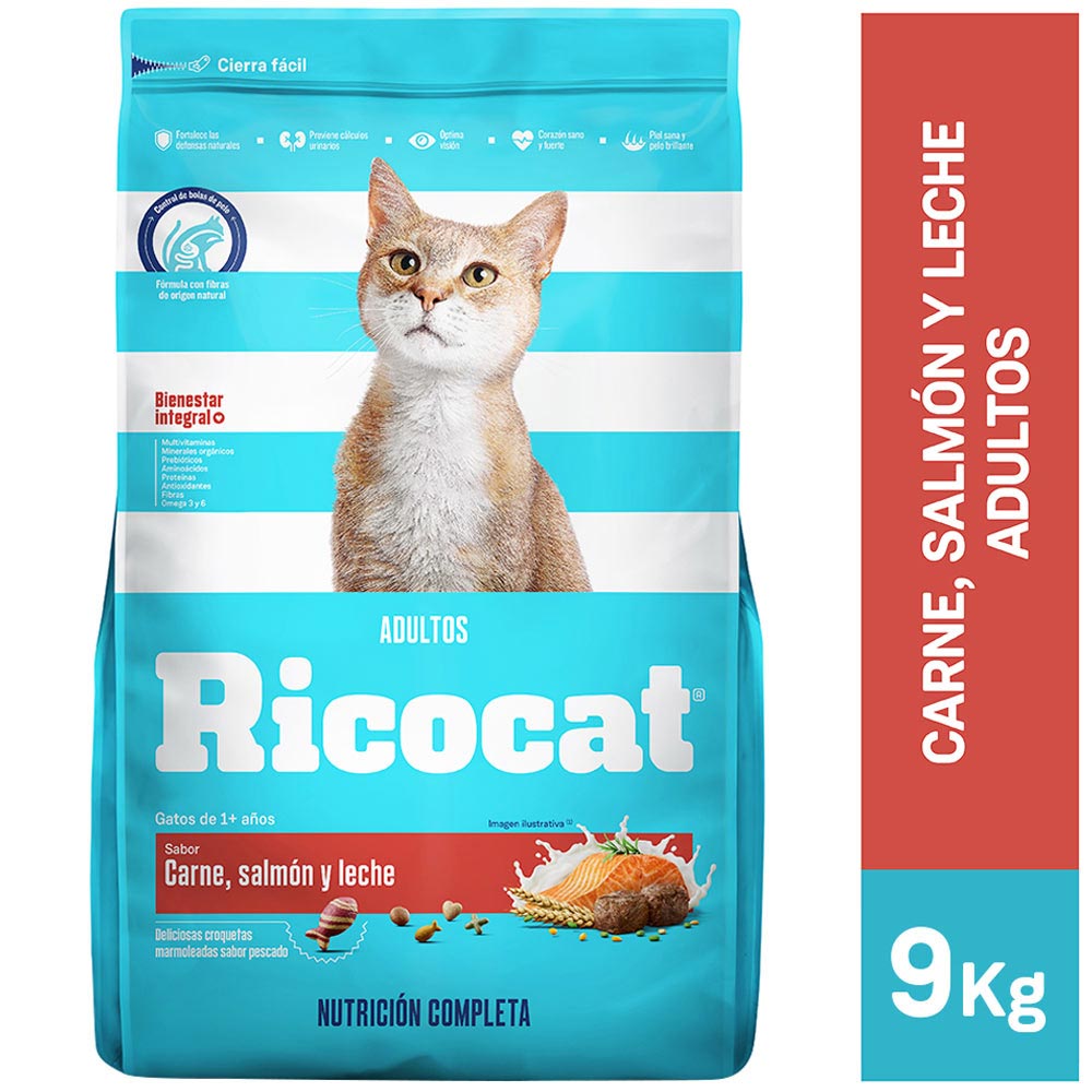 Comida para Gatos RICOCAT Adultos Carne, Salmón y Leche Bolsa 9Kg