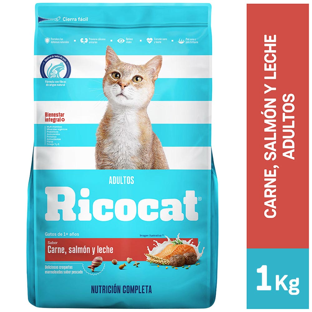 Comida para Gatos RICOCAT Adultos Carne, Salmón y Leche Bolsa 1Kg