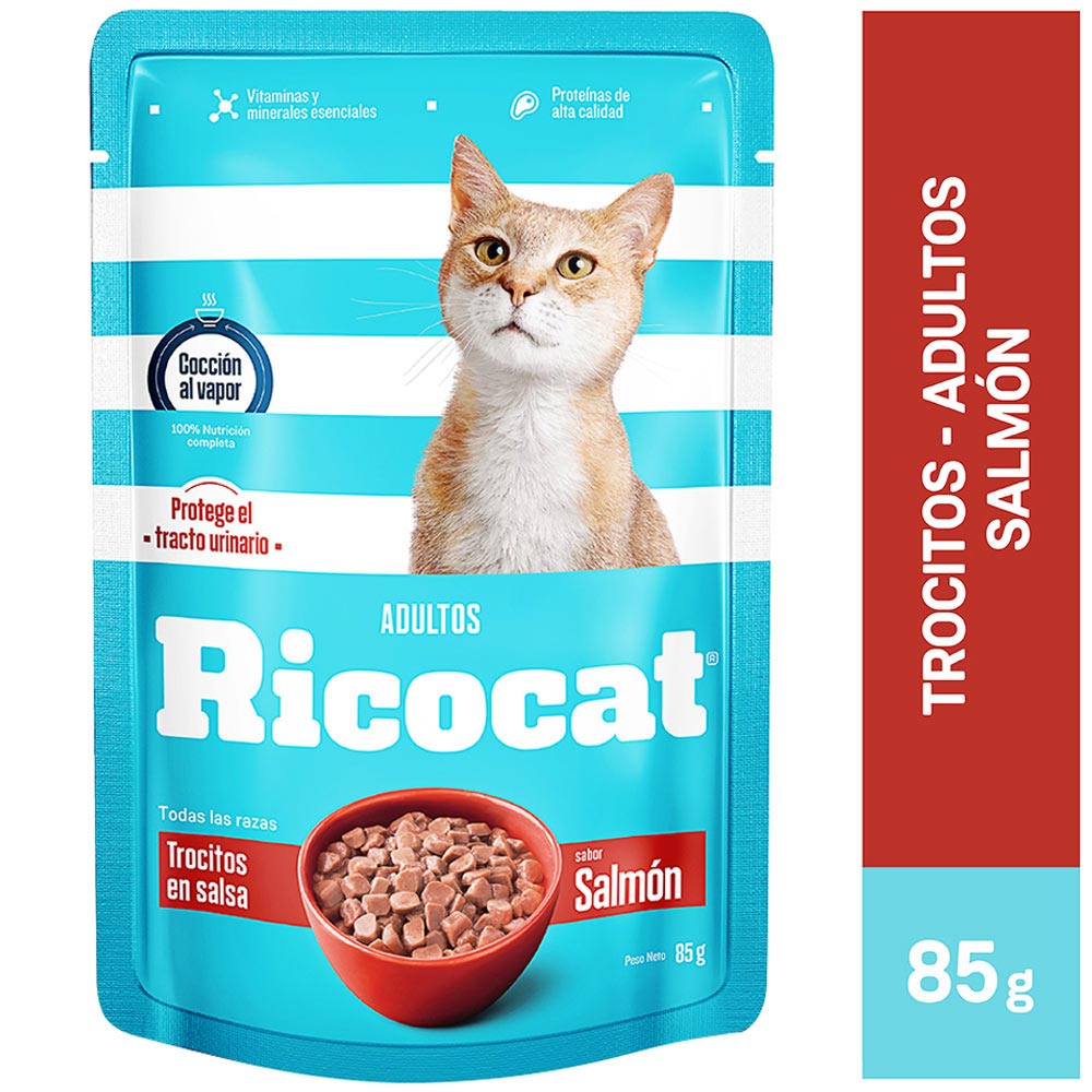 Comida para Gatos RICOCAT Trocitos Salmon Adultos Pouch 85g