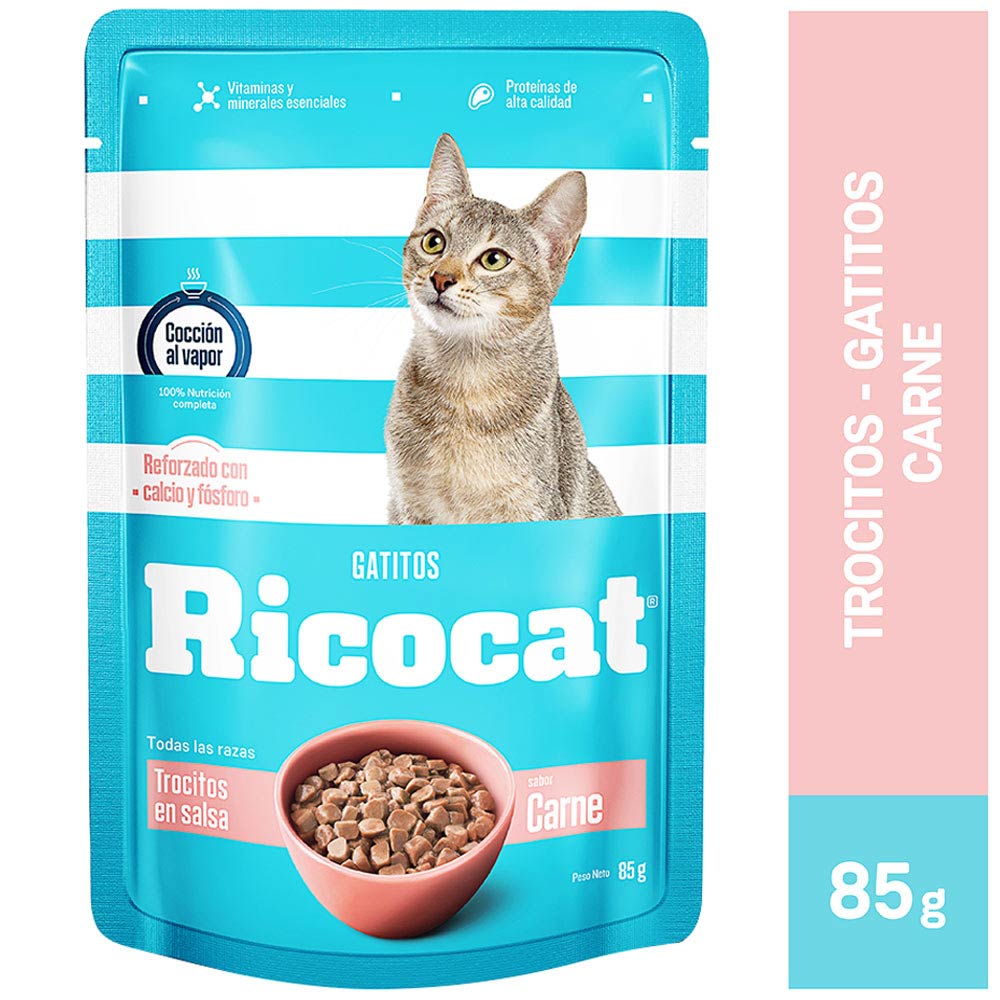Comida para Gatos RICOCAT Trocitos Carne Gatitos Pocuh 85g