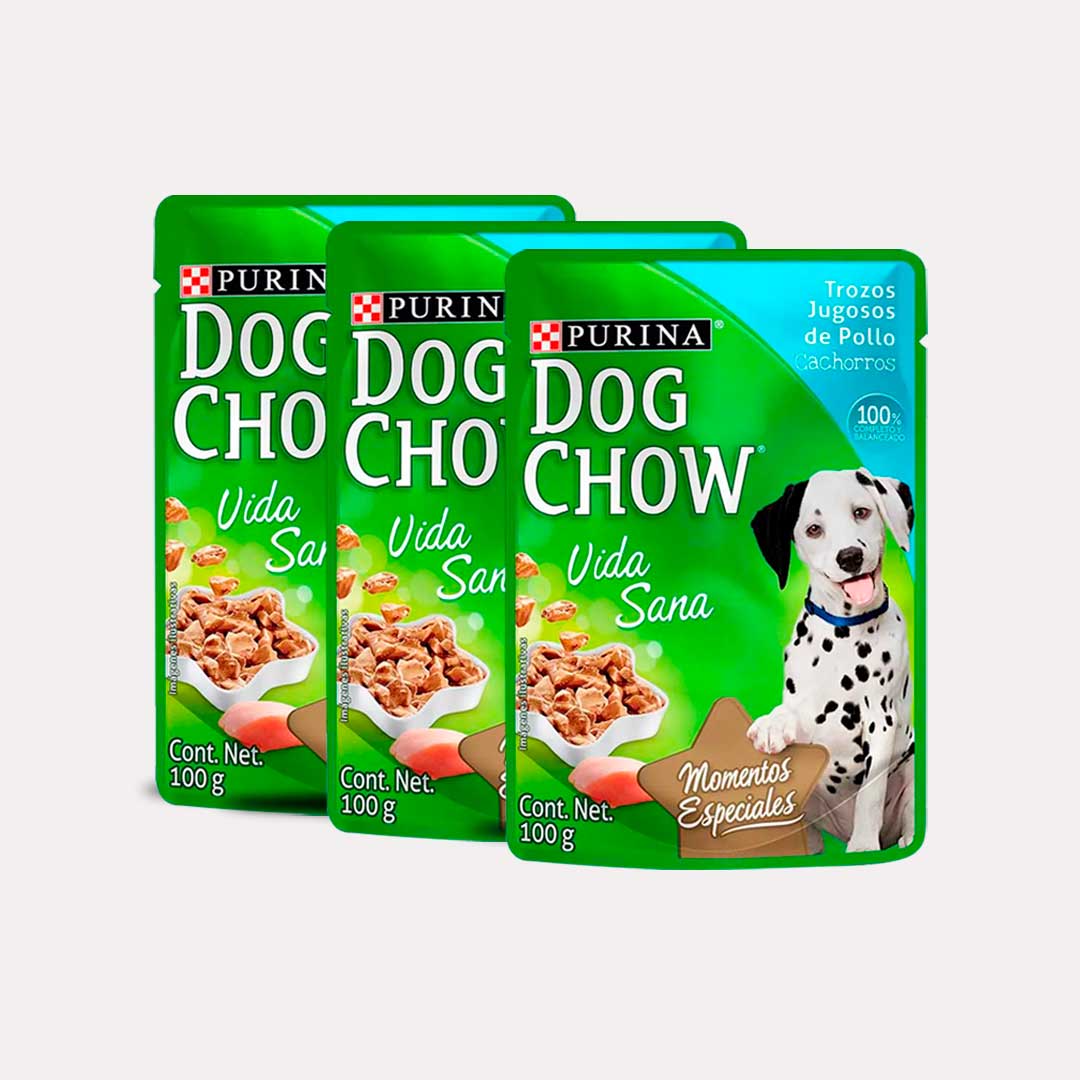Pack DOG CHOW Cachorros Trozos Jugosos de Pollo Pouch 100g x 3un