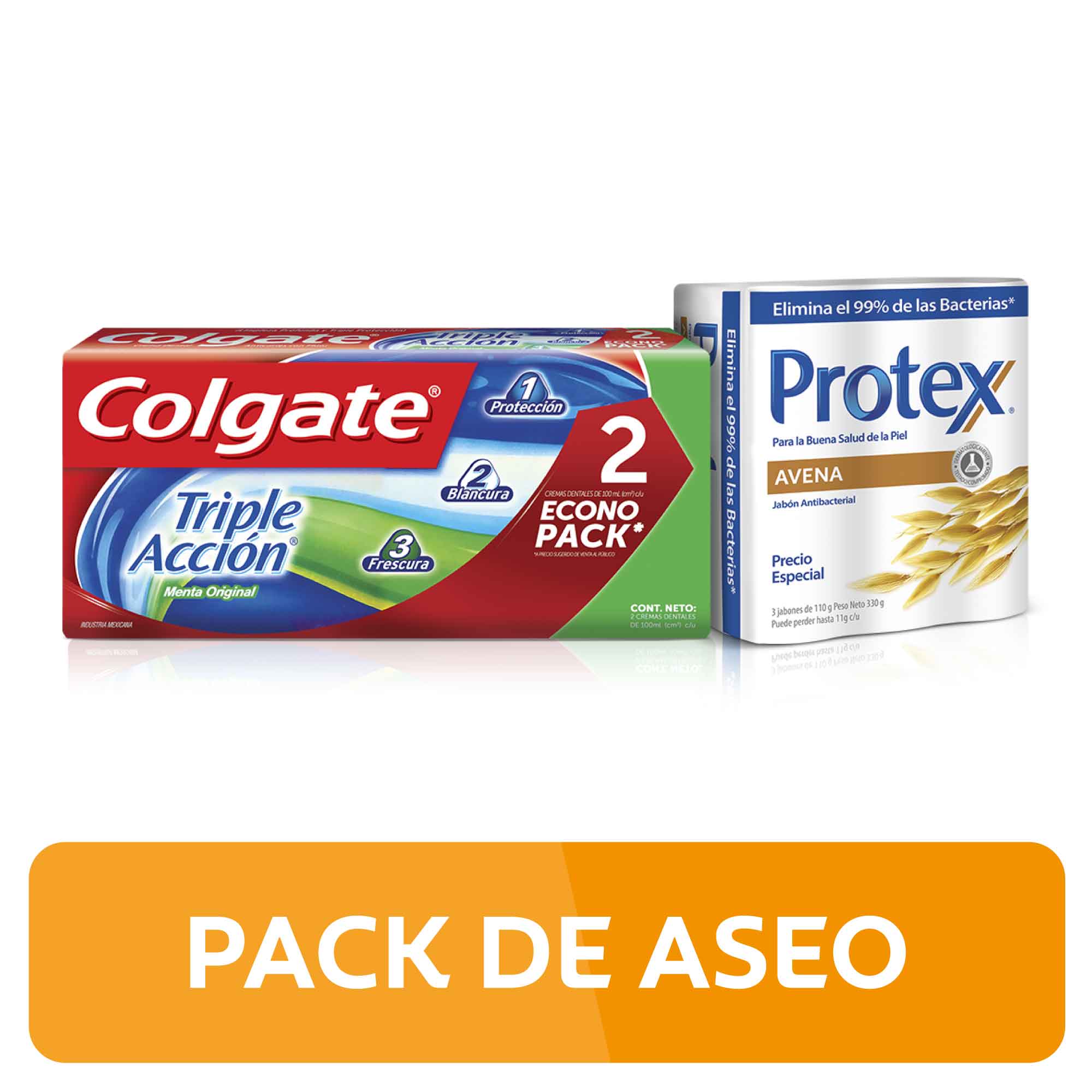 Pack COLGATE-PROTEX Pasta Dental Triple Acción Tubo 100ml Paquete 2un + Jabón Antibacterial Avena 110g Paquete 3un