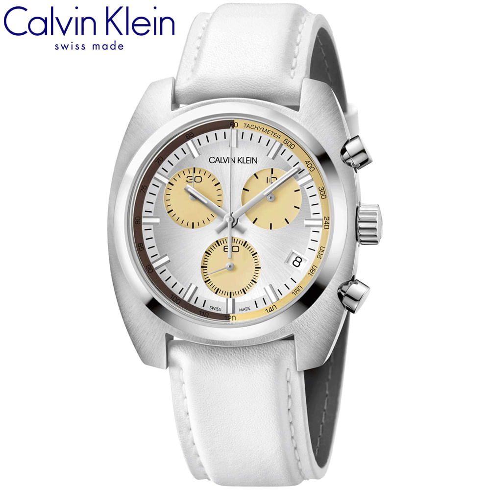 Reloj Calvin Klein Achieve K8W371L6 Suizo Cronómetro Correa de Cuero Blanco