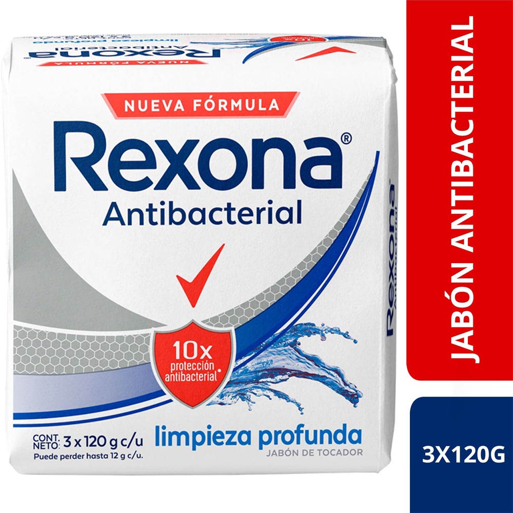 Jabón Antibacterial REXONA Limpieza Barra 120g Paquete 3un