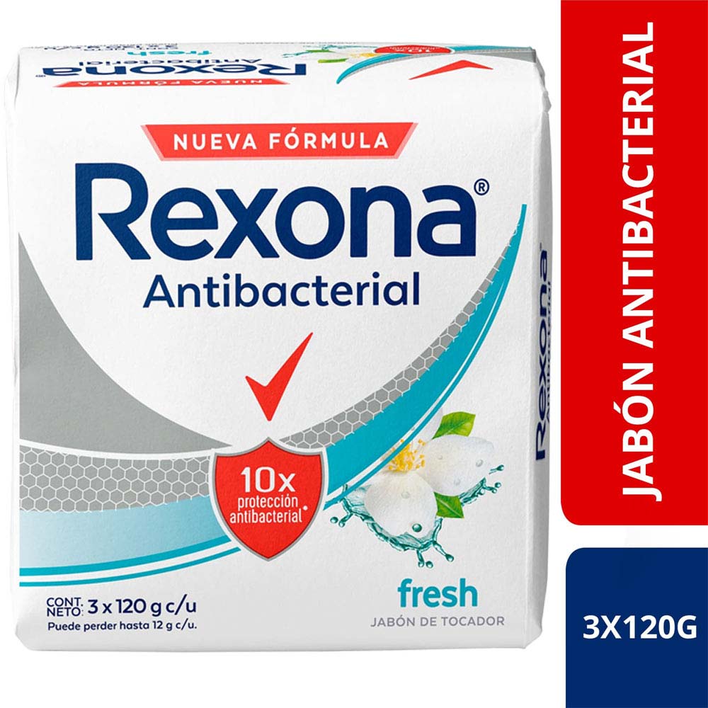 Jabón Antibacterial REXONA Fresh Barra 120g Paquete 3un