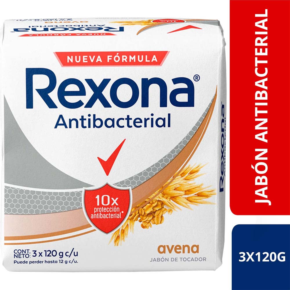 Jabón Antibacterial REXONA Avena Barra 120g Paquete 3un