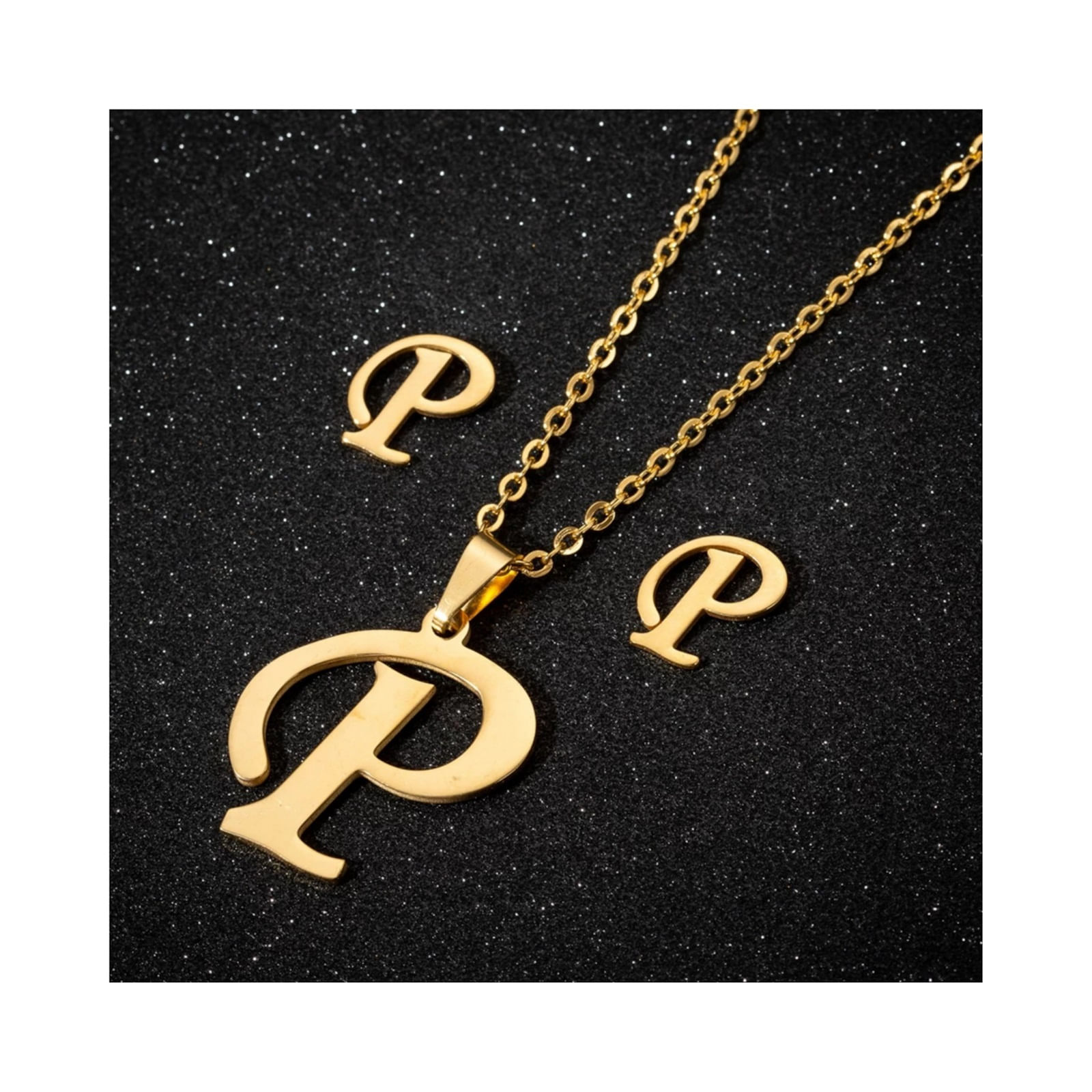 Collar y Aretes Set para regalo Mujer con dijes Letra Inicial P - Dorado