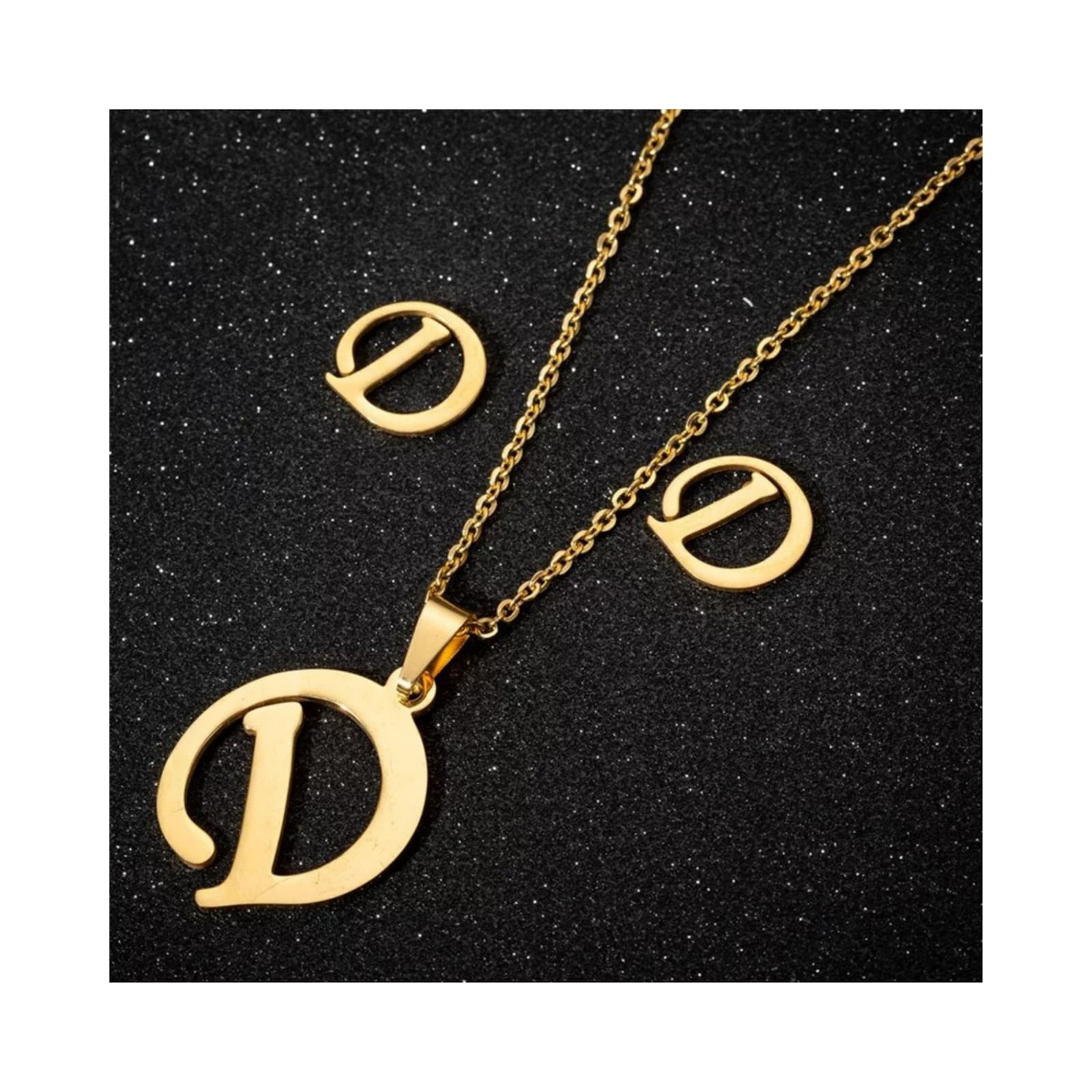 Collar y Aretes Set para regalo Mujer con dijes Letra Inicial D - Dorado