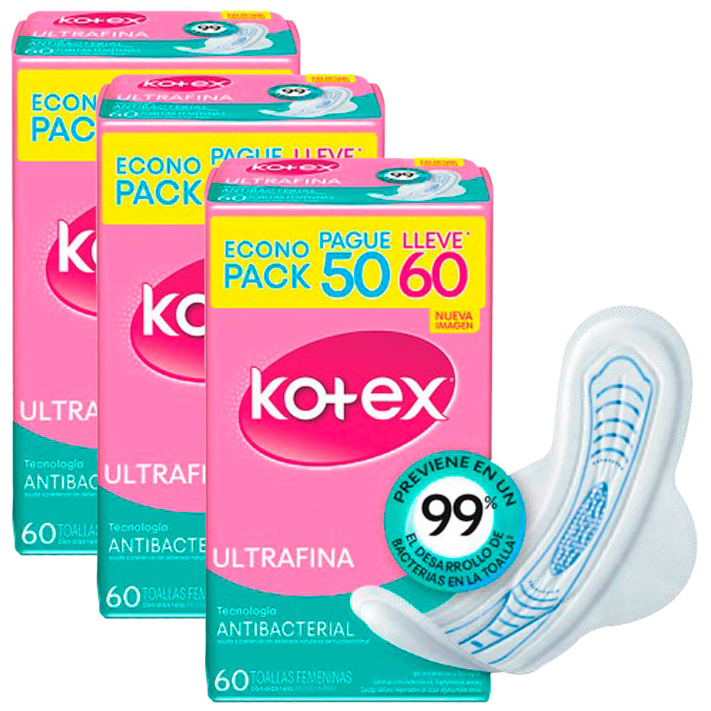Pack Toalla Higiénica KOTEX Ultrafina Antibacterial Paquete 60un x3un