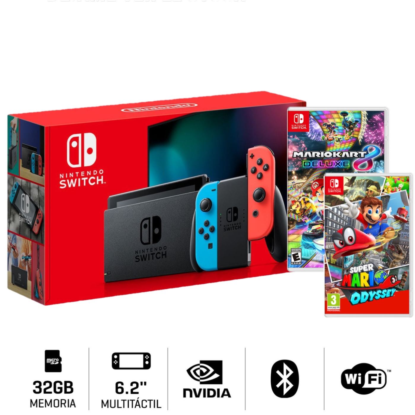 Consola Nintendo Switch 2019 Neón Batería Extendida + Super Mario Odyssey + Mario Kart 8