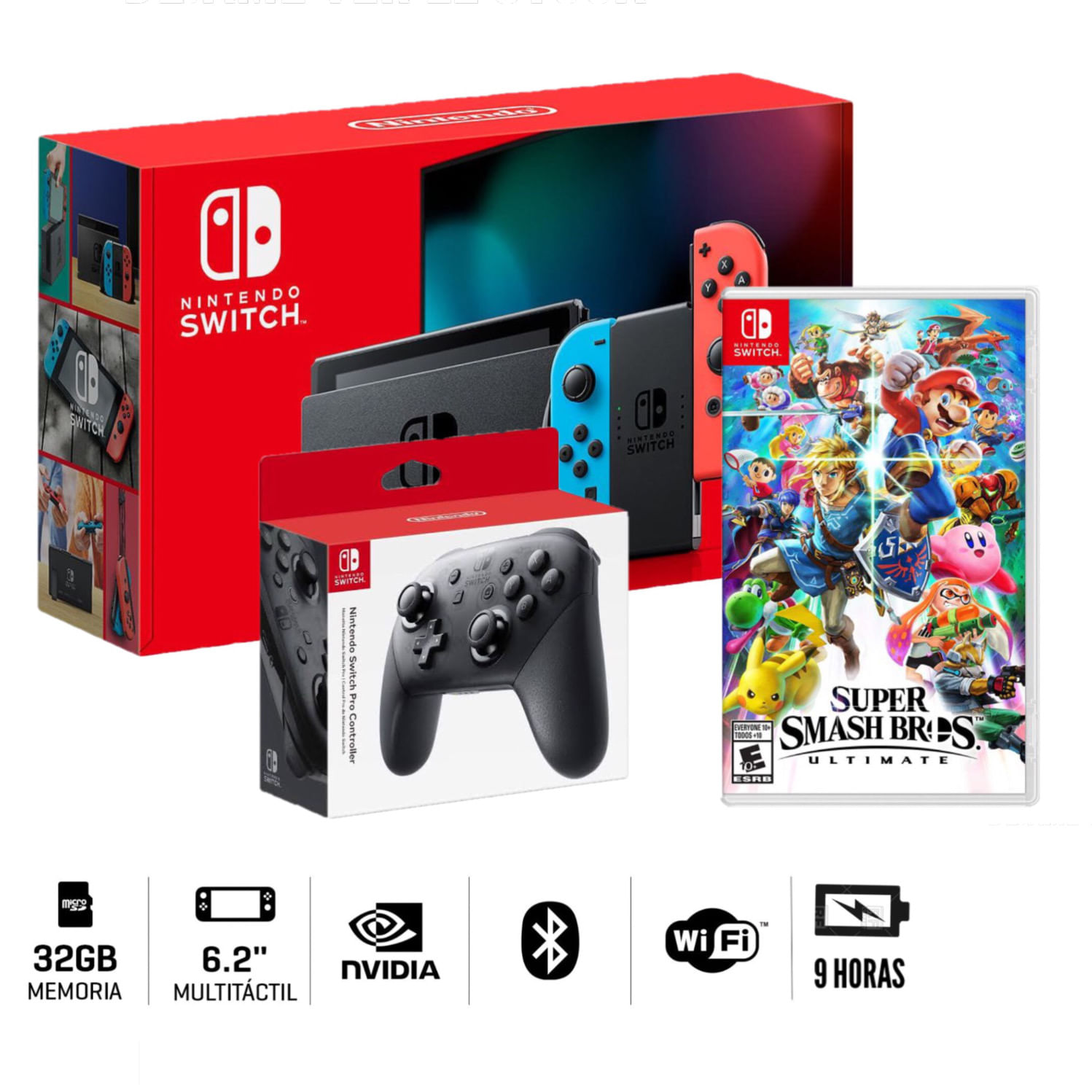 Consola Nintendo Switch 2019 Batería Extendida + Super Smash Bros + Mando Pro