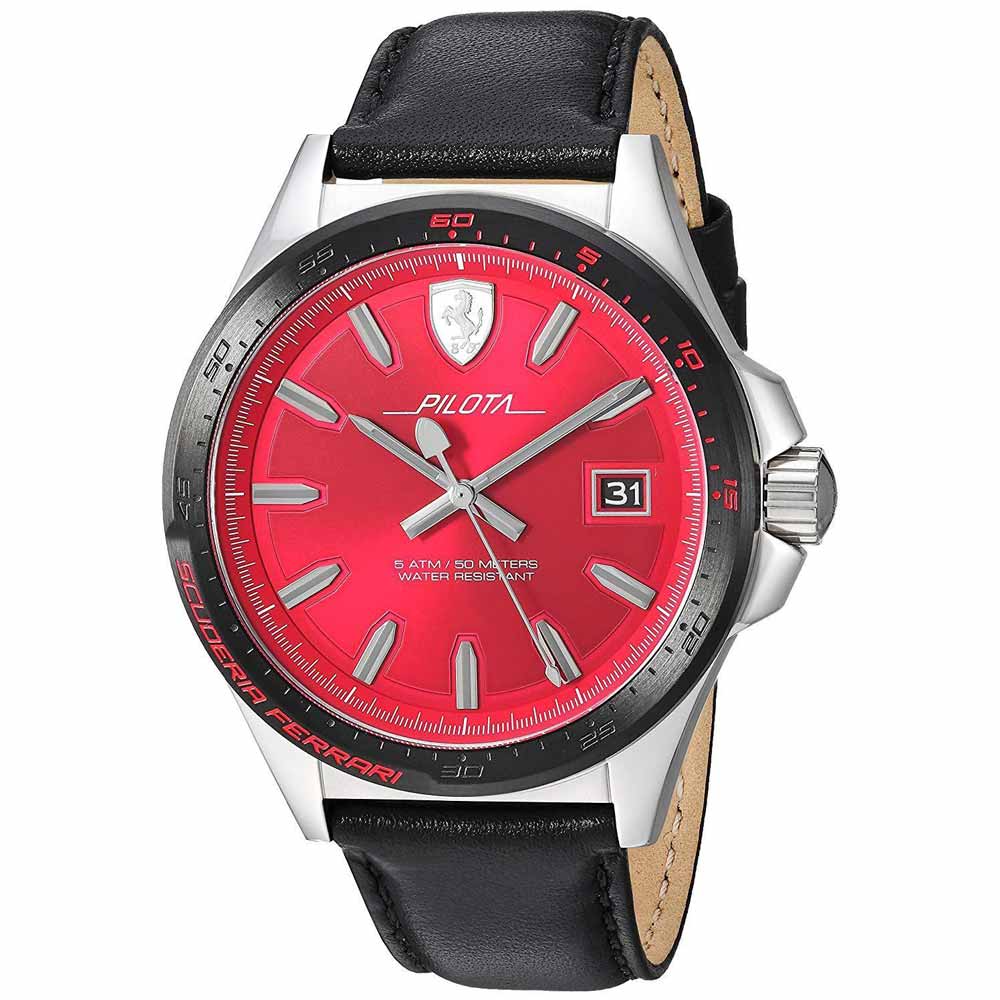 Reloj Scuderia Ferrari Pilota 0830489 Para Hombre Fecha Acero Inoxidable Correa de Cuero Negro Rojo