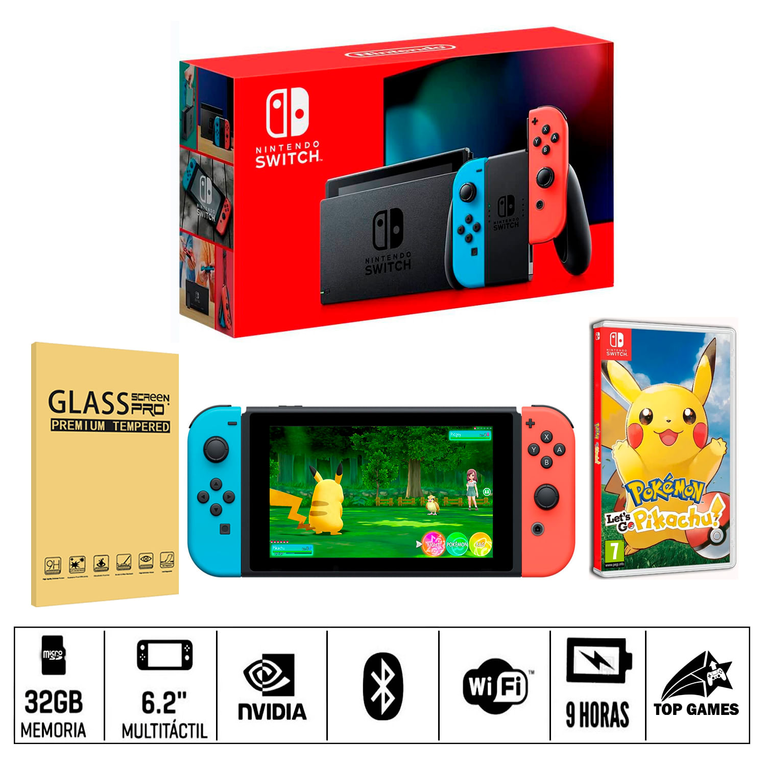 Consola Nintendo Switch Neon + Juego Pokemon Lets Go Pikachu + Glass Protector
